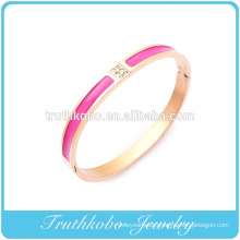 2016 Ladies Gold Bangles Design Stainless Steel Rose Gold-Tone Red Enamel White CZ Oval-Shape Bangle Bracelet Online